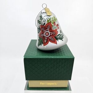 Pier 1 One Christmas Tree Ornament Silver Poinsettia Bell 2017 Magnetic Box